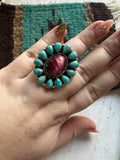 Beautiful Handmade Turquoise, Pink Tigers Eye And Sterling Silver Adjustable Ring Signed Nizhoni