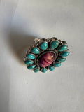 Beautiful Handmade Turquoise, Pink Tigers Eye And Sterling Silver Adjustable Ring Signed Nizhoni