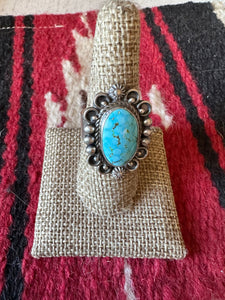 Navajo Sonoran Mountain Turquoise & Sterling Silver Single Stone Ring Size 8 Signed S.Tso