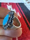 Navajo Sonoran Mountain Turquoise & Sterling Silver Single Stone Ring Size 8 Signed S.Tso