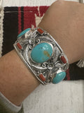 Handmade Sterling Silver, Turquoise & Coral Cuff Bracelet Signed Nizhoni