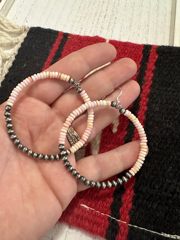 “Pink October” Navajo Pink Conch & Sterling Silver Beaded Hoop Earrings