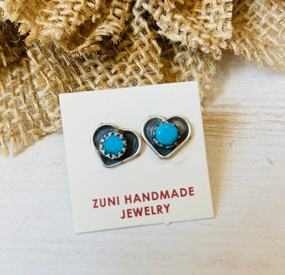 Zuni Sterling Silver & Turquoise Heart Stud Earrings