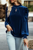 Tie Up Mock Neck Velvet Fabric Long Sleeve Blouse