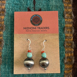 Navajo White Water Turquoise, Natural Coral & Sterling Silver Earrings