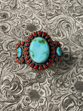 Anthony Skeets Navajo Turquoise, Coral & Sterling Silver Cuff Bracelet Signed