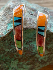 Navajo Turquoise Orange Spiny Half Hoop Stud Earrings