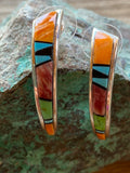 Navajo Turquoise Orange Spiny Half Hoop Stud Earrings