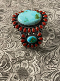 Anthony Skeets Navajo Turquoise, Coral & Sterling Silver Cuff Bracelet Signed