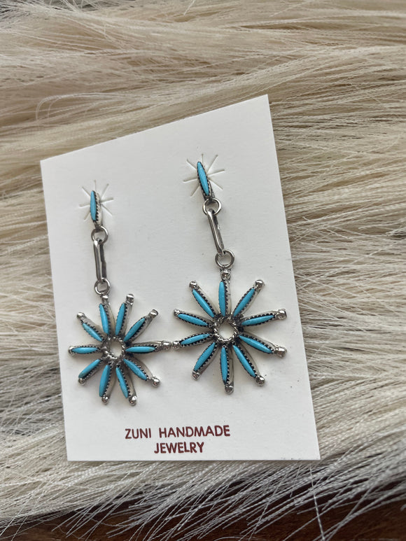 Zuni Turquoise And Sterling Silver Flower Dangle Earrings