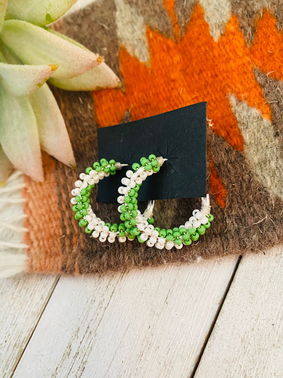 Navajo Handmade Beaded Hoop Earrings- green/white