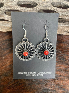 Navajo Red Coral And Sterling Silver Flower Earrings