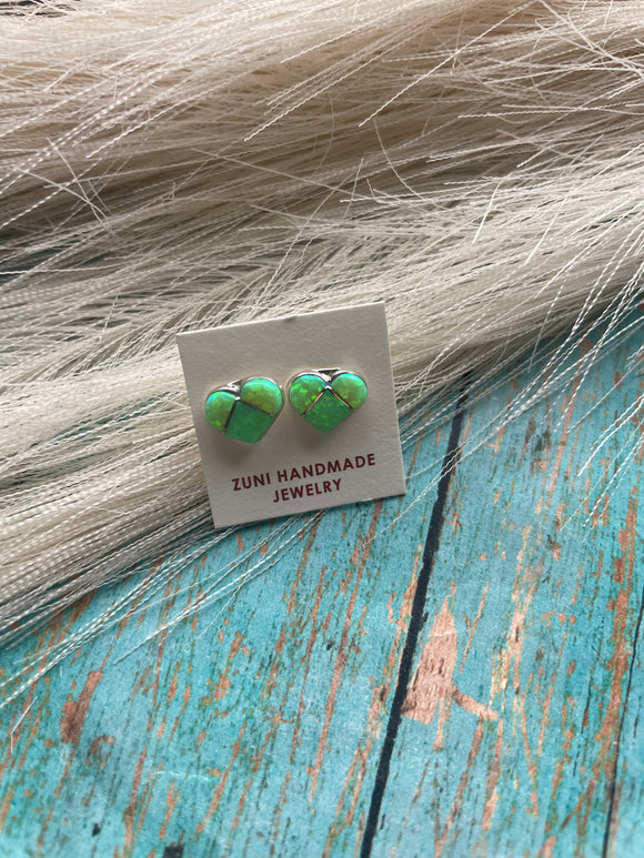 Zuni Sterling Silver & Green Opal Inlay Heart Stud Earrings