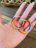 Navajo Handmade Beaded Hoop Earrings-multi red, LT blue