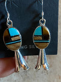 Navajo Turquoise, Onyx, Petrified Wood & Sterling Silver Blossom Dangle Earrings