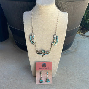 Zuni Sterling Silver & Turquoise Needlepoint Necklace Earrings Set Signed