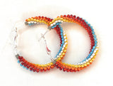 Navajo Handmade Beaded Hoop Earrings-multi red, LT blue