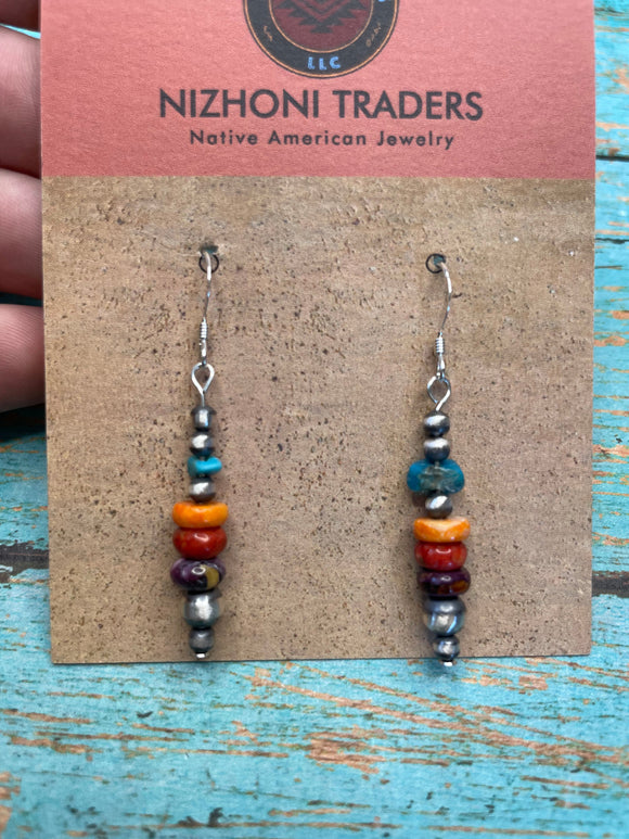 Navajo Sterling Silver And Multi Stone Dangle Beaded Earrings