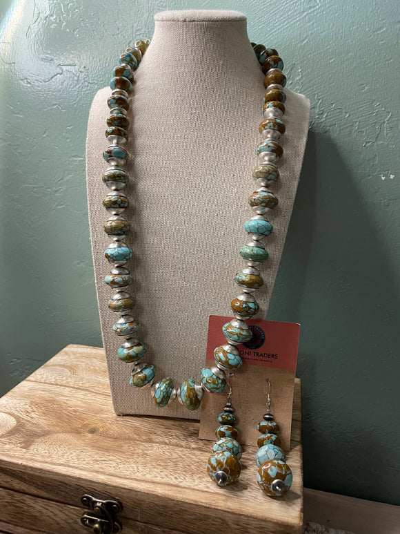 Navajo Sterling Silver Natural Number 8 Turquoise Beaded Necklace Earrings Set