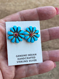 Zuni Turquoise & Coral Sterling Silver Cluster Stud Earrings Signed