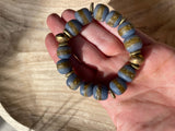 Handmade Recycled Glass Beaded Stretch Bracelet BLUE & GOLD