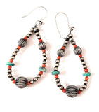 Handmade Coral, Turquoise And Sterling Silver Beaded Dangle Earrings