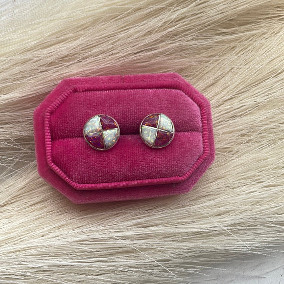 Navajo White & Pink Opal Inlay & Sterling Silver Stud Earrings