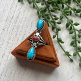 “Triple Stone” Navajo Turquoise, Coral And Sterling Silver Ring