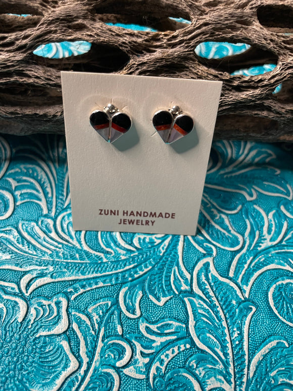 Zuni Sterling Silver, Coral, Onyx, & Mother of Pearl Stud Heart Earrings