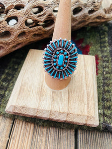 Zuni Sterling Silver & Turquoise Needlepoint Cluster Ring Signed