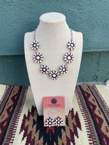 “The Delaney” Navajo Queen Pink Conch Shell And Sterling Silver Necklace Earrings Set Signed