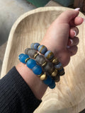 Handmade Recycled Glass Beaded Stretch Bracelet BLUE & GOLD