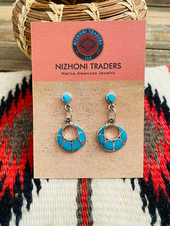 Zuni Sterling Silver & Turquoise Inlay Dangle Earrings