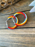 Navajo Handmade Beaded Hoop Earrings-multi red, LT blue