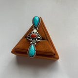 “Triple Stone” Navajo Turquoise, Coral And Sterling Silver Ring