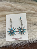 Zuni Turquoise And Sterling Silver Flower Dangle Earrings