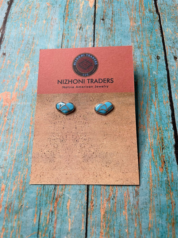 Zuni Sterling Silver & Turquoise Inlay Stud Heart Earrings