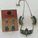 Zuni Sterling Silver & Turquoise Needlepoint Necklace Earrings Set Signed