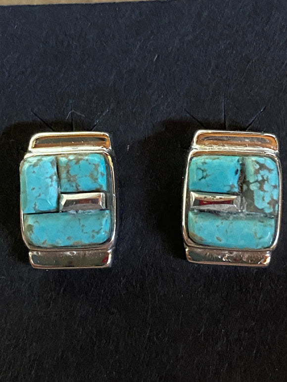 Navajo Turquoise 8 & Sterling Silver Rolled Rectangle Stud Earrings