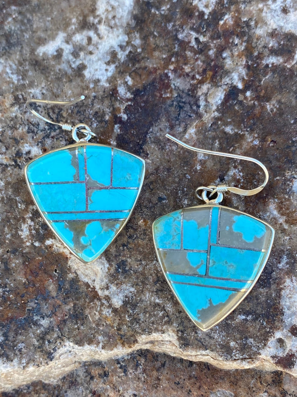 Navajo Turquoise 8 & Sterling Silver Shield Dangle Earrings