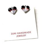 Zuni Sterling Silver, Coral, Onyx, & Mother of Pearl Stud Heart Earrings