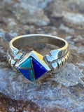 Navajo Lapis, Turquoise, Blue Opal Petite Square Ring Sz 5.25