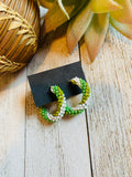 Navajo Handmade Beaded Hoop Earrings- green