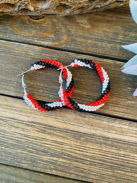 Navajo Handmade Beaded Hoop Earrings- red, black