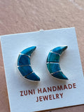 Zuni Sterling Silver & Malachite Inlay Moon Stud Earrings