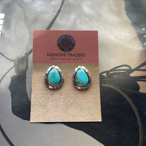 Navajo Turquoise And Sterling Silver Post Triangle Earrings Signed