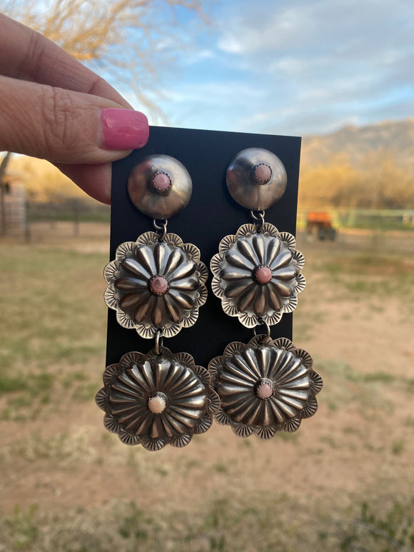 Navajo Concho Pink Conch and Sterling Silver Round Dangles