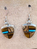 Navajo Turquoise, Onyx, Petrified Wood & Sterling Silver Dangle Earrings