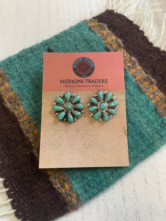 “The Sonoita” Navajo Sterling Silver & Turquoise Cluster Stud Earrings 1”