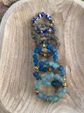 Handmade Recycled Glass Beaded Stretch Bracelet BLUE & GOLD